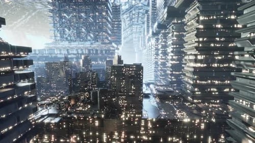 Flying Through Futuristic Digital Cyber Cityscape Animation