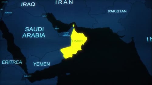 Futuristic Digital World Map Zoom to Oman Highlight