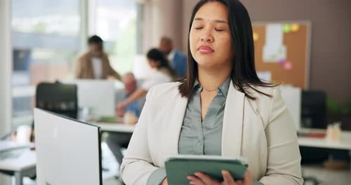 Media agency, thinking and woman in workplace, tablet and planning for publication