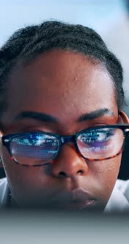 Computer, glasses and black woman developer with code, programming or web design