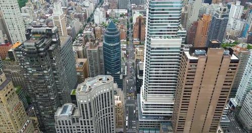 Aerial view of the streets and skyscrapers in Midtown Manhattan, New York City