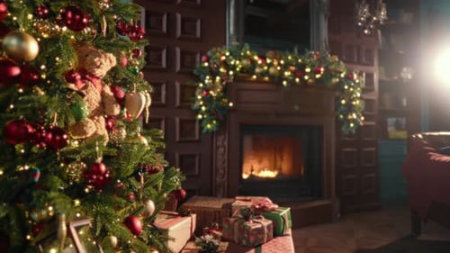 Traditional Decorations in Interior of Beautiful House in Christmas Vacation Closeup View of Spruce