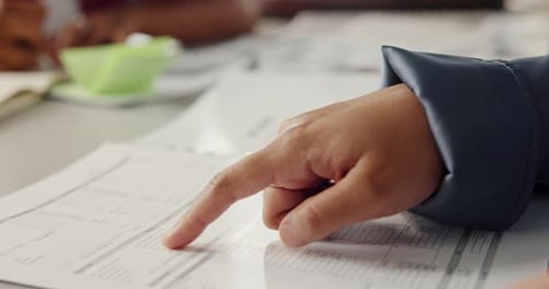 Paper, hands or reading in office for accounting, check balance sheet or financial record