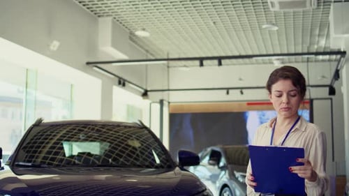 Confident Woman Stands in Car Dealership Showroom