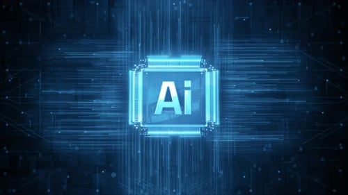 Футуристический чип искусственного интеллекта и печатная плата со светящимся цифровым потоком данных