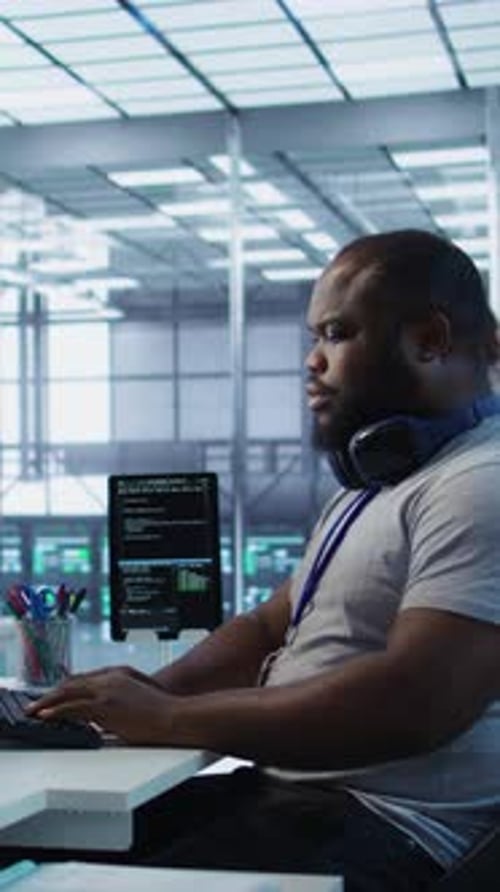 Cheerful IT Specialist Monitoring High Tech Supercomputers Using Tablet