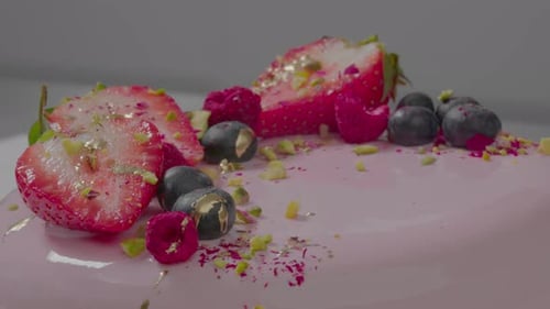 Pink Creamy Cake with Fruits Sweet Dessert for Birthday Holiday Advertisement of New Bakery Cafe