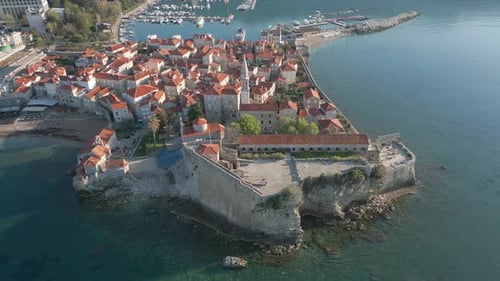 The old town of Budva shot from a drone. The best sights of Montenegro. Budva Old Town.