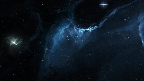 Flying Through Blue Deep Space Nebula with Twinkling Stars Background