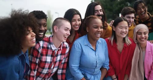 Group of young multiracial people having fun together outdoor