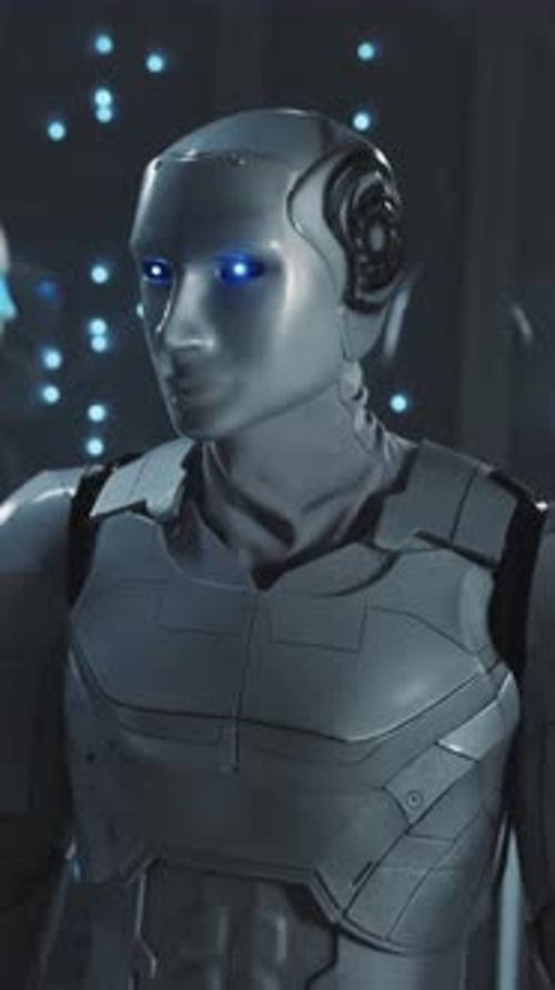 Data Center Artificial Intelligence Portrait of Cybernetic Robot Manager Worker in Hightech Computer