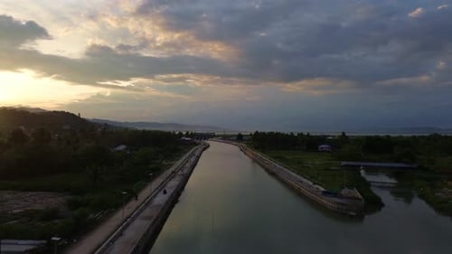 Scenic Aerial View of Canal at Sunset