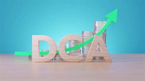 DCA Concept Illustrated with Wooden Letters, Growing Coin Stacks, and a Green Up Arrow
