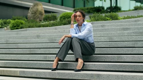 Sad Upset Lady Sitting Stairs Office University Building Urban African American Business Woman Girl