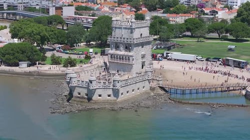 Aerial Close Up View of the Tower of Belem in Lisbon Portugal