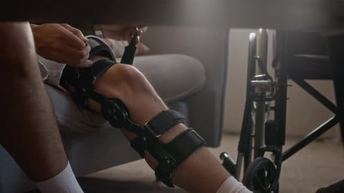Unrecognizable Man Putting On Orthopedic Brace