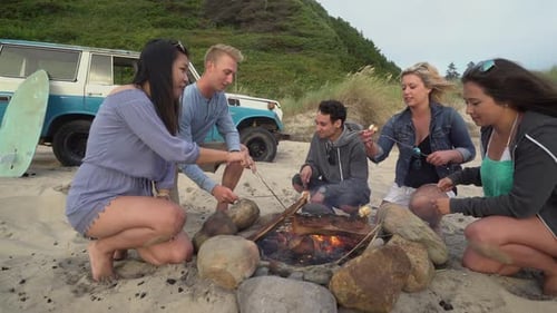 Friends roast marshmallows by campfire on beach enjoying summer vacation