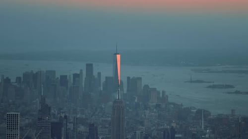 Aerial shot of New York from the helictoper at sunset.