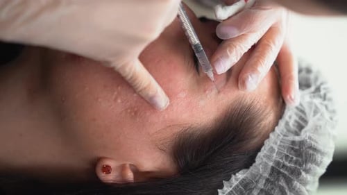 Beautician Doctor Makes Botulinum Toxin Injection in the Forehead of Young Beautiful Woman Close Up