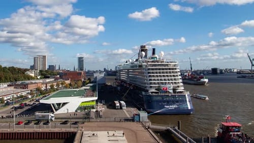 Urban Timelapse of Hamburg's Port Showcasing Cruise Ship Arrival