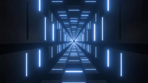 Dynamic neon tunnel perspective with futuristic glowing blue lights