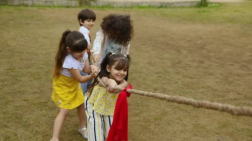 Vídeo de niños jugando al tira y afloja en el parque.