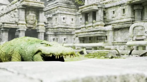 Crocodile près de ruines anciennes dans un paysage luxuriant envahi par la végétation pendant la journée