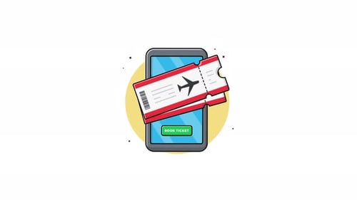 4k-Telefon mit Flugticket. Animationsvideo zum Konzept der Online-Ticketbuchung