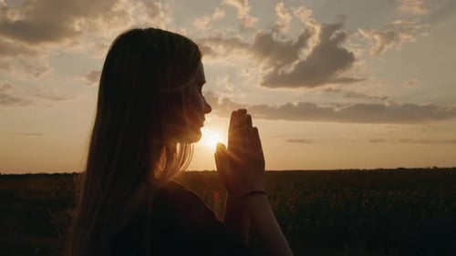 Woman Praying at Sunrise in Field of Sunflowers