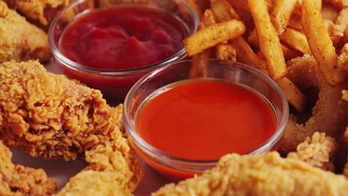 Tasty set french fries and crispy chicken nuggets, onion rings with ketchup and sweet and sour sauce