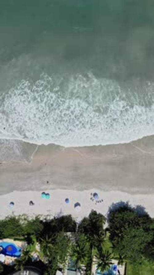 Aerial vertical zoom out drone view of sea water coast with white foaming waves, beach and some vege