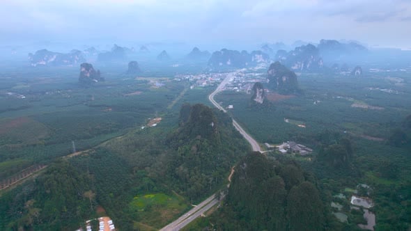 Aerial View of the Road Between Rocks with Cars and Trucks, Nature ...