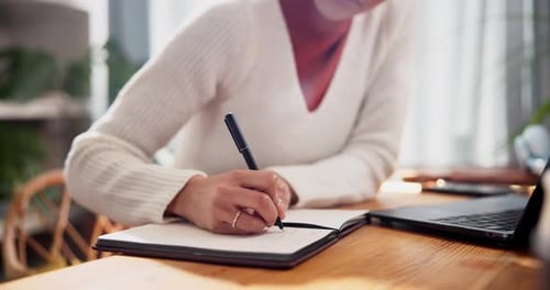 Hands, college student and woman with journal at home for study notes, research and revision