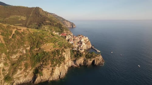 Aerial video over a small colorful town, La Spezia Italy