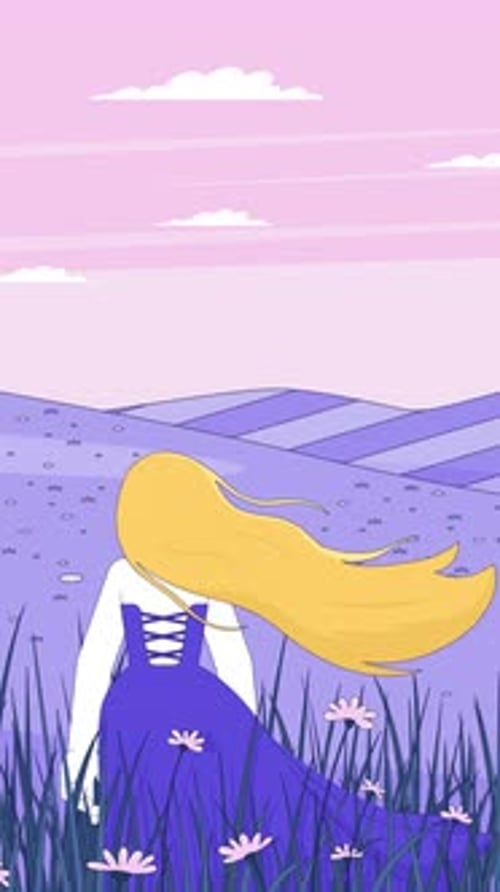 Lofi girl in flowing dress contemplating in wildflower meadow at sunset vertical animation