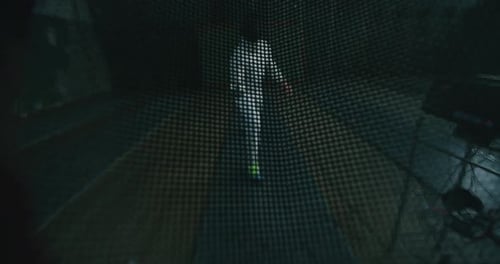 POV cinematic slow motion shot of professional young man is practising assaults of fencing against