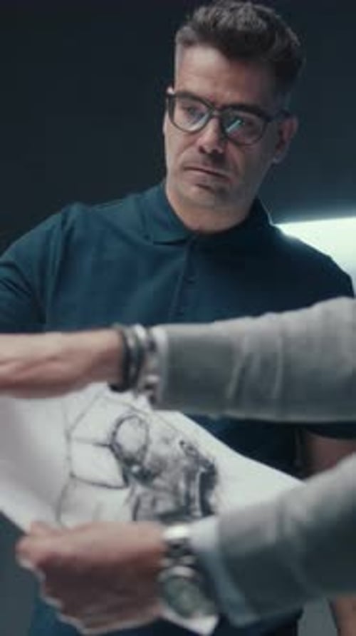 Two Designers Analyze Car Blueprint at Workplace