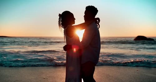 Love, beach and couple hug at sunset together for bonding, relax and relationship