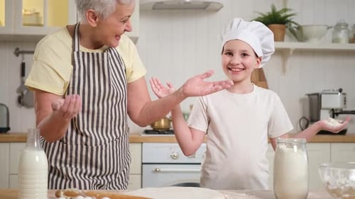 Happy Family in Kitchen Kid Girl Grandma Have Fun Playing Clap Hands with Flour Cooks Bake Cookies