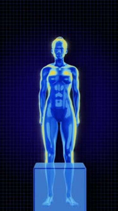 Futuristic 3D Female Body Squat Exercise Scan Animation