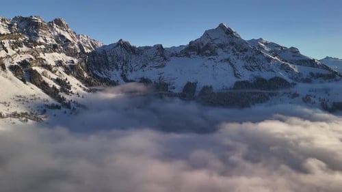 Fronalpstock mountains Switzerland valley winter snow covered drone aerial landscape