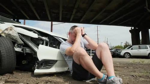 Distressed Man After Car Accident Sits By Wreckage