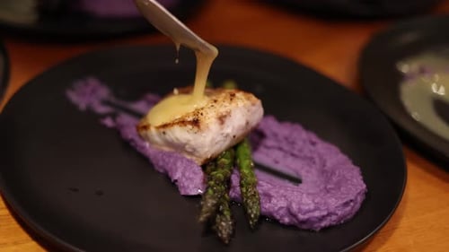 Prepared Plate of White Fish, Asparagus, and Puree