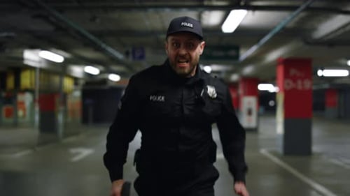 Man in Uniform Runs with a Gun in Garage