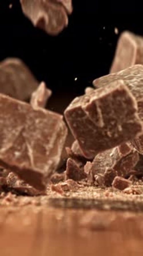 Super Slow Motion Pieces of Dark Milk Chocolate Filmed on a Highspeed Camera at 1000 Fps
