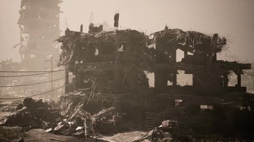 City Destroyed By Military Action Featuring Wrecked Buildings and Debris