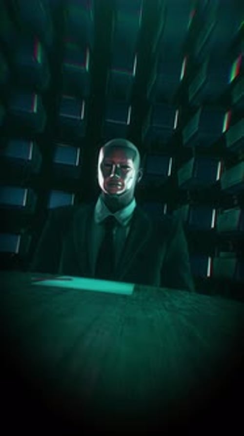 AI Humanoid Figure at Desk with Cyberpunk Background