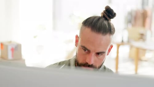 Serious, computer and face of man reading export data, e commerce shipping information