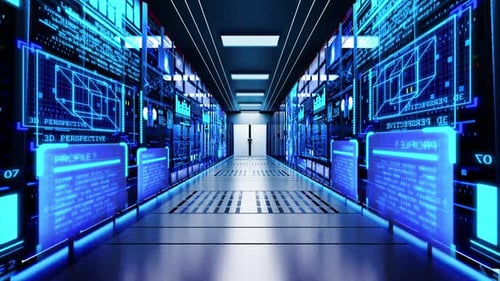 3D Data Center Room Servers and Glowing Led Indicators Network Big Data Machine Learning