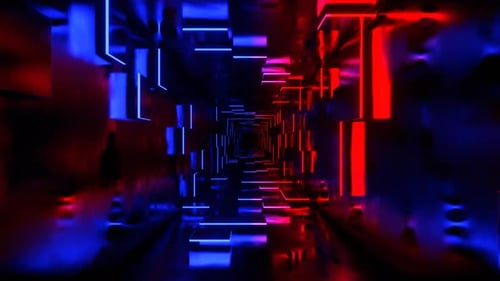 Deep Blue And Red Fantastic Corridor With Random Glowing Slabs Background Vj Loop In 4K